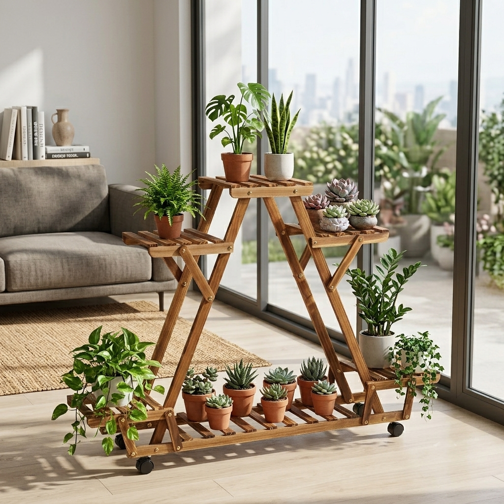 6 ポット木製植物スタンド三角形ローリングフラワーホルダー収納ラック屋外庭装飾ローリング植物スタンド