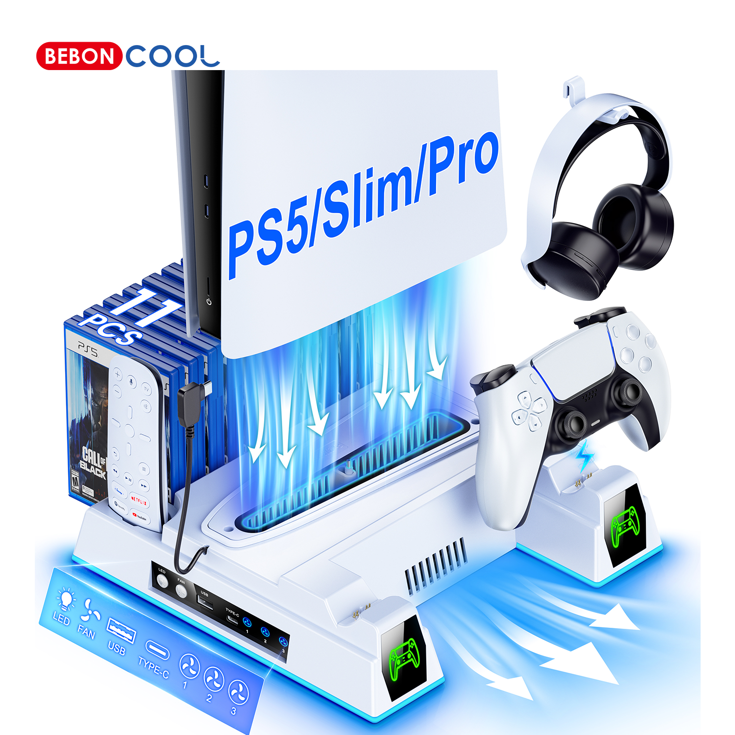 BEBONCOOL S8000 冷却スタンド PS5 2020/2023 スリム/2024 Pro 用、3 スピードファン、デュアル充電器、11 ゲームスロット、ゲームアクセサリー