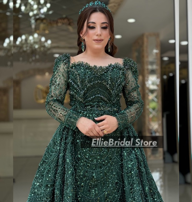 サウジアラビアのイブニングドレスオーバースカートカスタマイズされたビーズフクシア婚約ドレス長袖ウエディングパーティードレスローブ