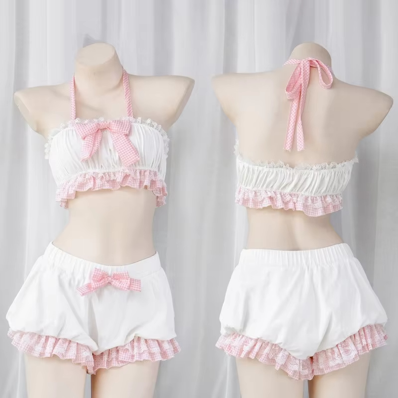 かわいいロールプレイ女性の衣装ちょう結びレーストップフラワーセットロリータかわいい女の子かわいいフレンチメイド甘いセクシーな女の子パジャマビキニ