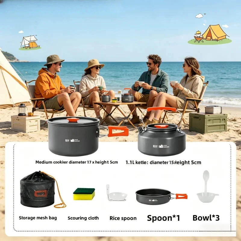 キャンプ調理器具セットアウトドアポット食器キット調理用水ケトルパン旅行カトラリー用品ハイキングピクニック用品