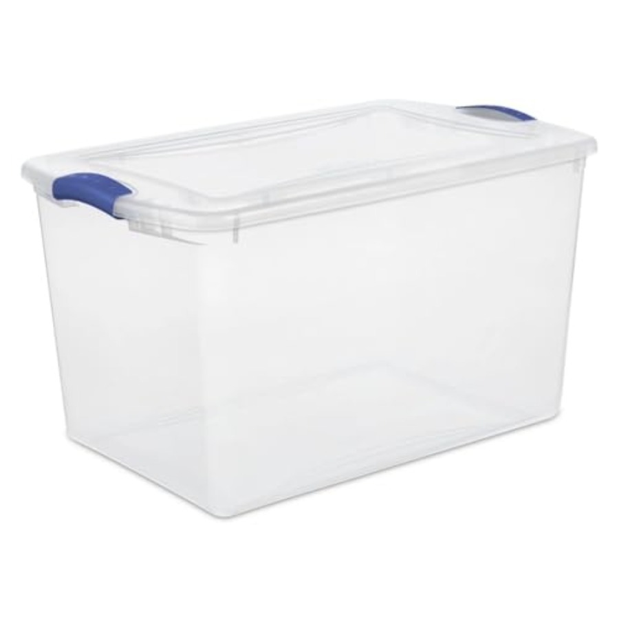 大型収納箱、ラッチ蓋付き66クォート透明プラスチック収納コンテナ、ブルーラッチ