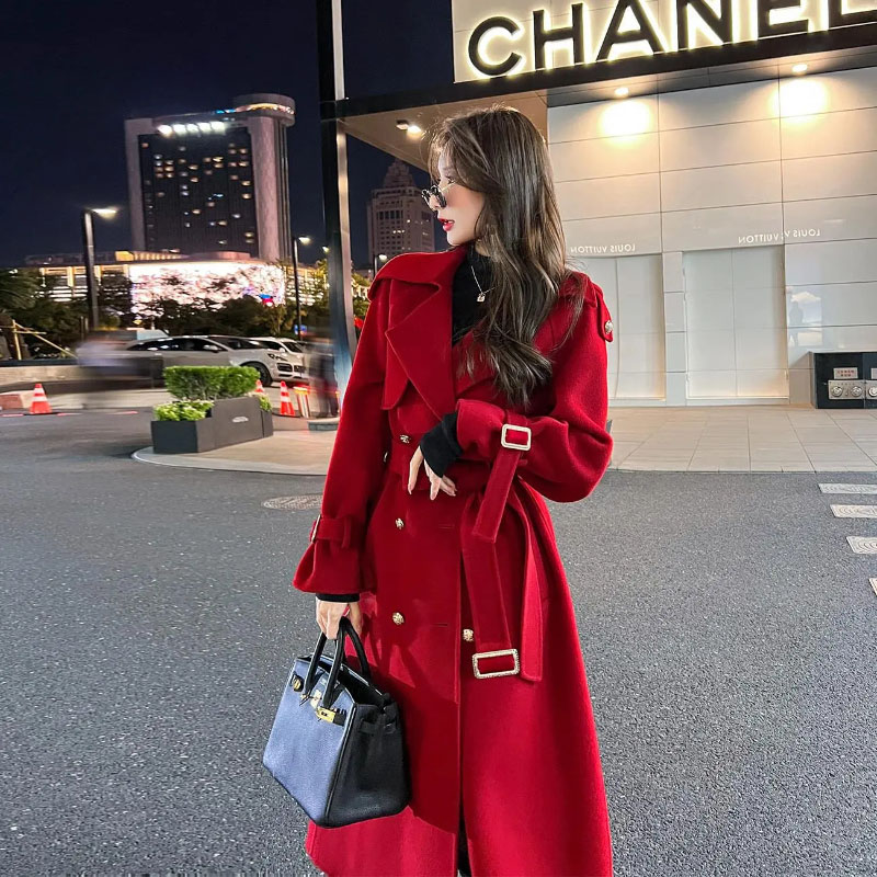 ロングウールジャケット女性のオーバーコート秋冬新ハイエンド韓国ルースベルトダブルブレスト Y2k ウールウインドブレーカーコート