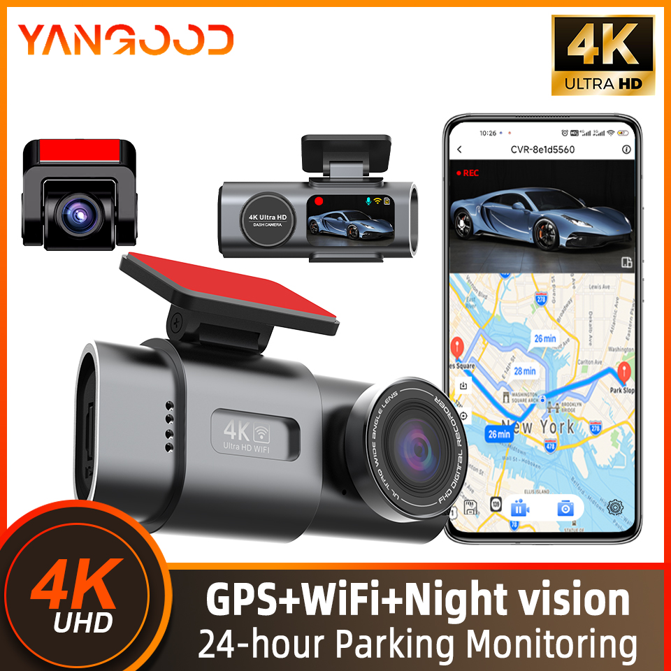 Yangood 4K ダッシュカム デュアルチャンネル デュアルレンズ ナイトビジョン WIFI GPS 24H パーキングモニター 車 ブラックボックス ビデオレコーダー