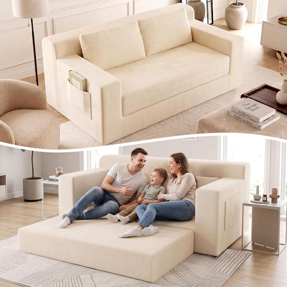 Chic Chenille 71 引き出し式ソファ 収納付き 3人掛けソファベッド 4-in-1 リビングルーム家具 ベージュ