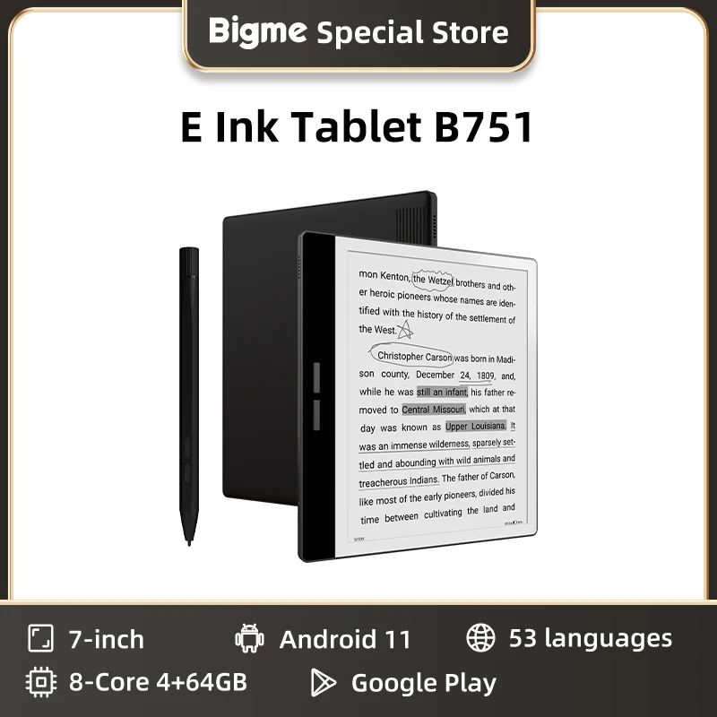 BIGME B751 電子リーダー、7 インチ E インク スクリーン電子ブック リーダー、電子ブック e リーダー タブレット、4 64GB、Android 11、Google Play をサポート