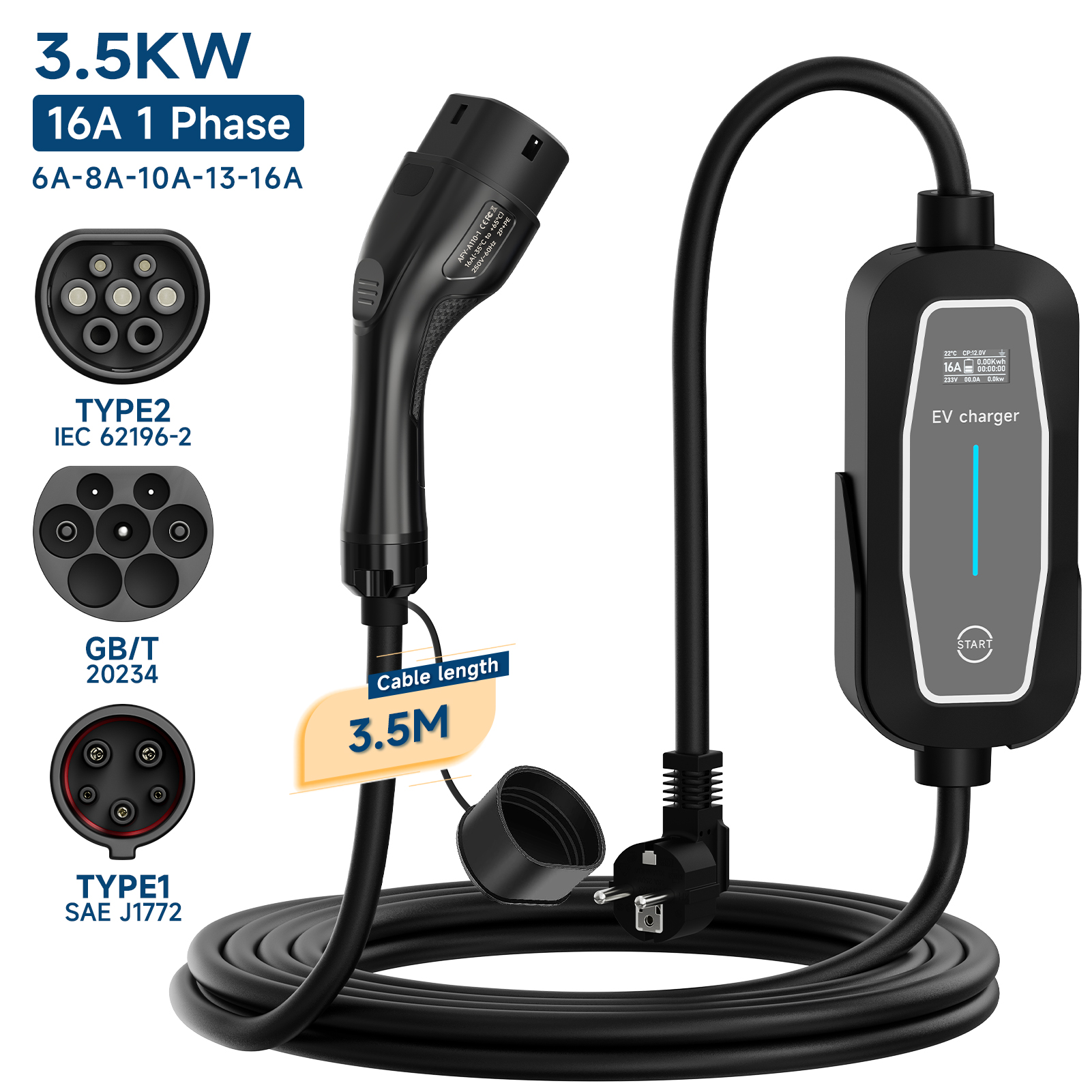 ポータブル Type2 IEC62196-2 EV 充電器 3500 ワット 16A Type1 SAE J1772 電気自動車充電器 GB/T EVSE 充電ウォールボックス充電ステーション