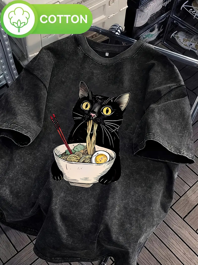 ユニセックスヒップホップ Tシャツヴィンテージ洗浄綿 100% Tシャツ黒レトロ猫食べるラーメングラフィック Tシャツカジュアルストリート