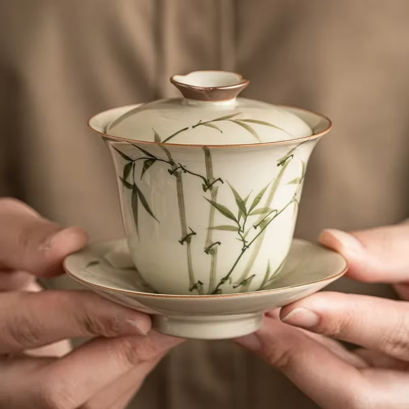 手描き緑竹茶チュリーンセラミック茶わん Gaiwan 用品プーアル景徳鎮ボウルカバーカップ中国磁器食器