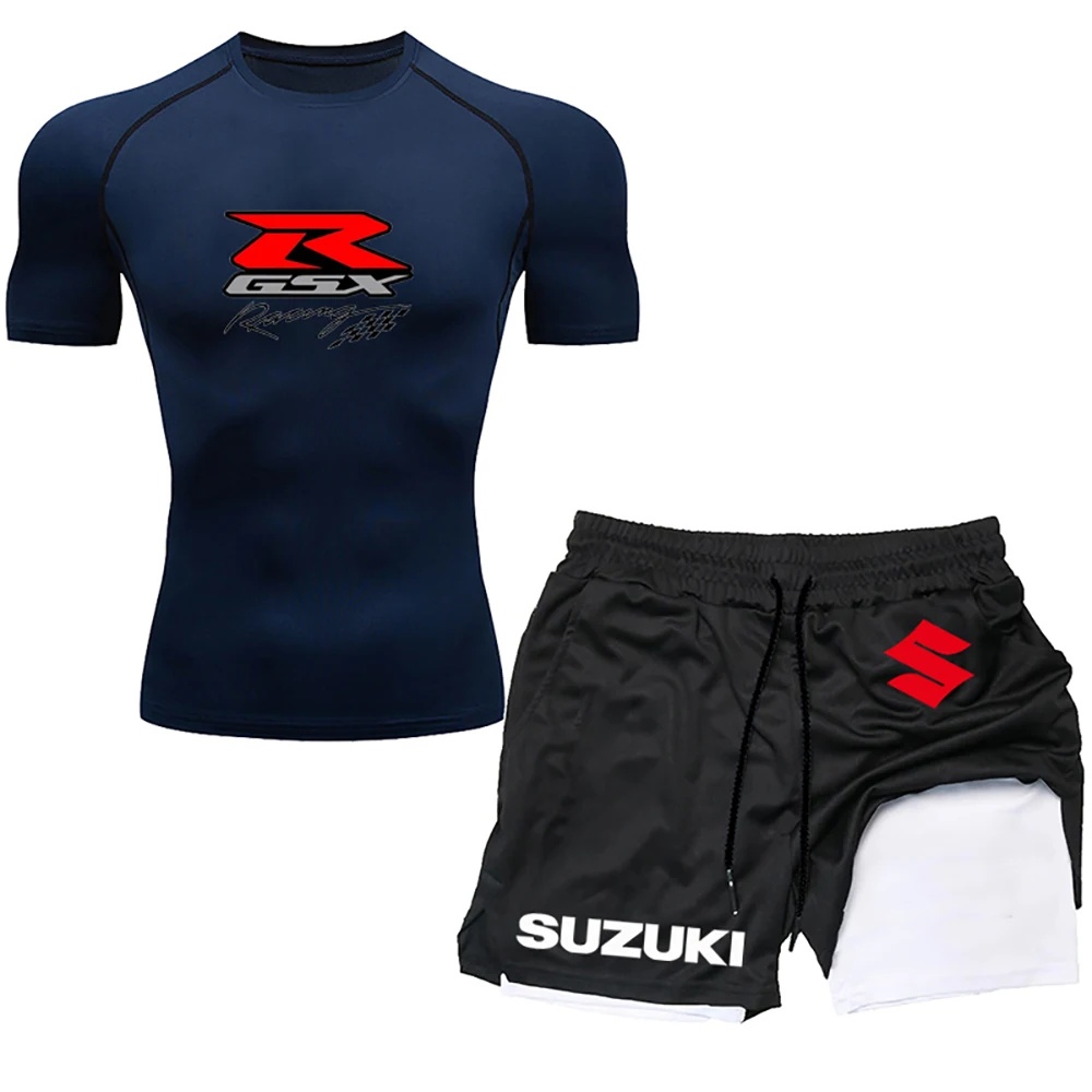スズキ - サマータイトスポーツセット、ランニング半袖弾性Tシャツ、アウトドアフィットネス、ストリートコンプレッション通気性ショーツ