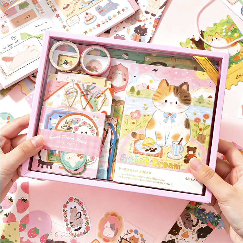 かわいい猫をテーマにしたジャーナルギフトセット美的ノートブックキット和紙テープステッカーペーパークリップ付き学生用スクラップブッキングステーショナリー