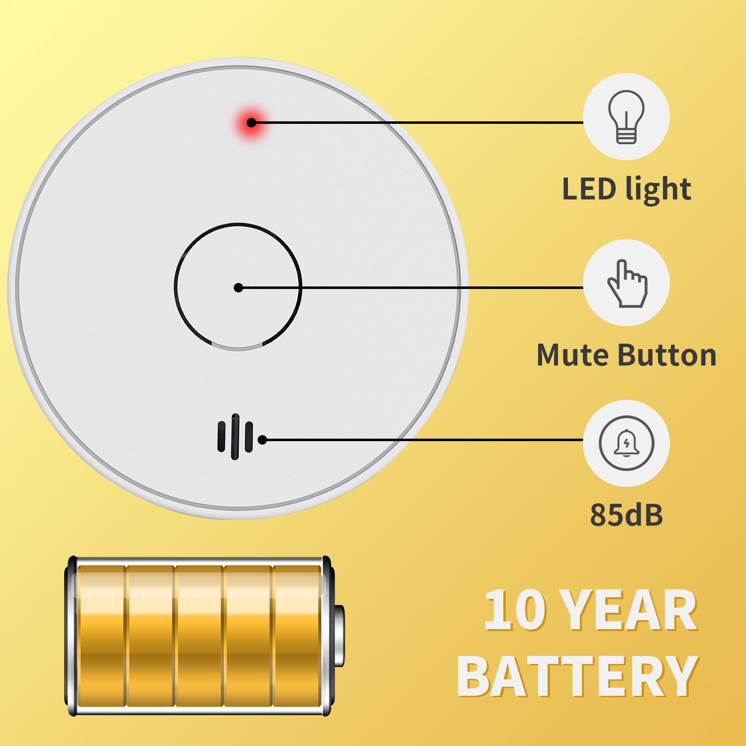V-COME スタンドアロン煙探知器、10 年間のリチウム電池付き、光電煙警報器、CE、UKCA、DIN EN 14604、VS02