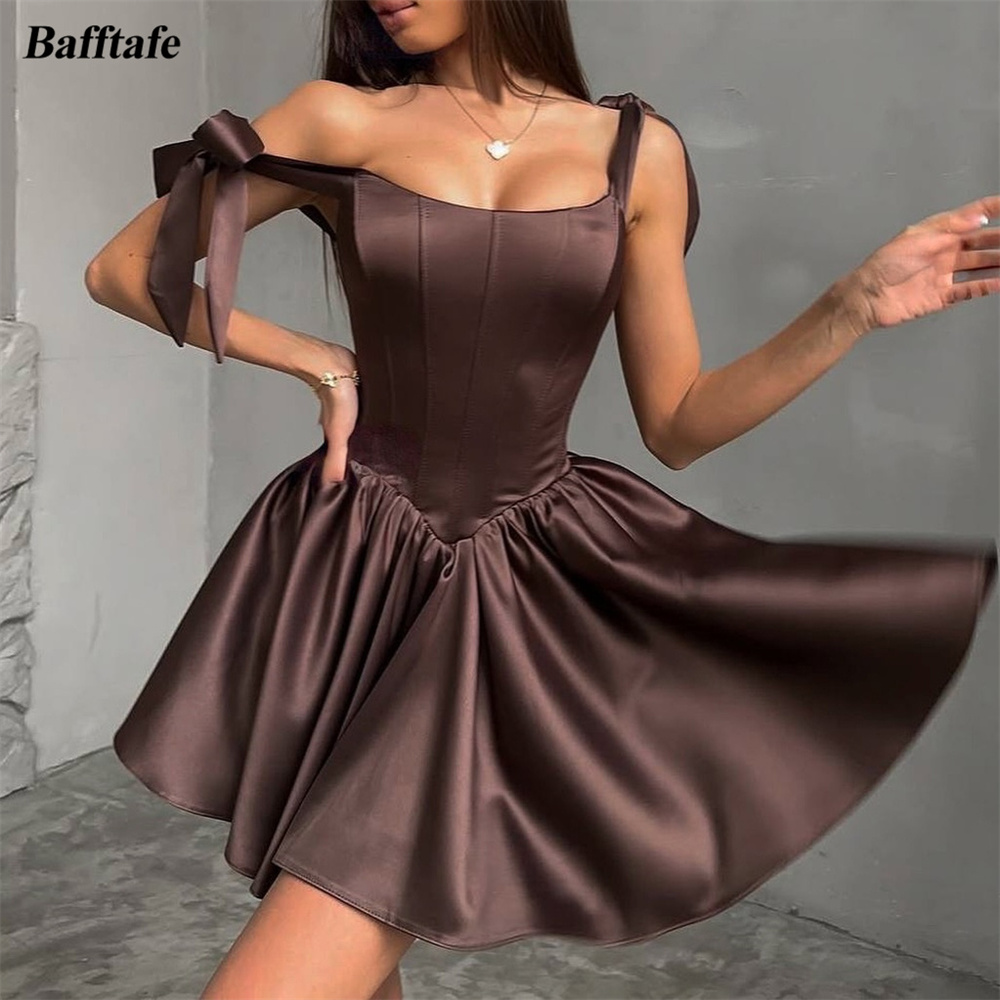 Bafftafe ブラウンサテンミニウエディングドレスコルセットバックタイボウカスタマイズカクテルドレス女性フォーマルパーティーホームカミングガールドレス