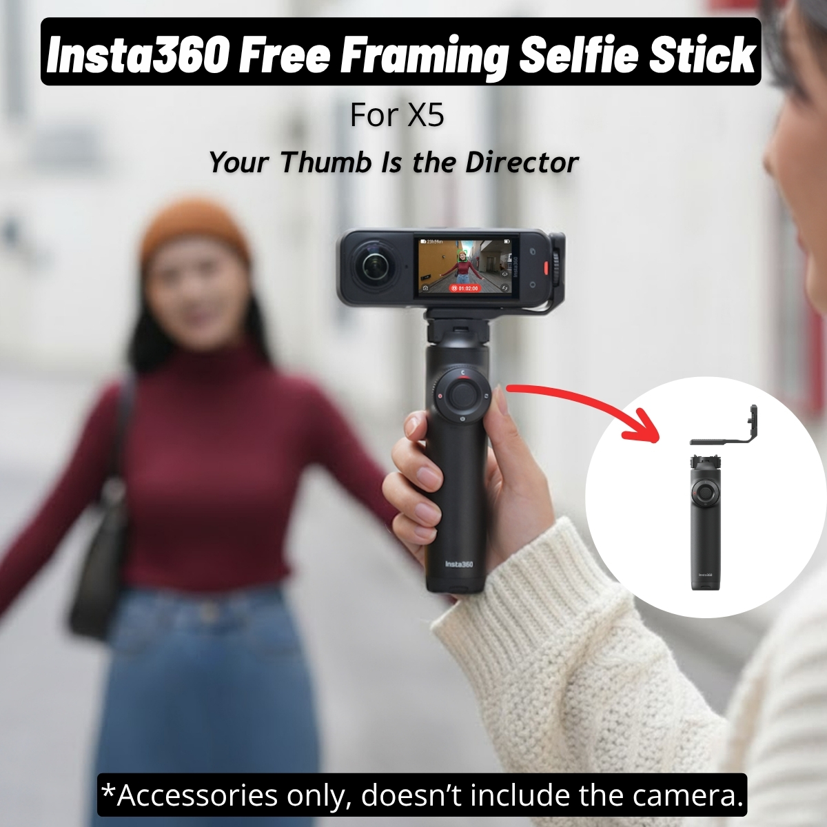 Insta360 X5 フリーフレーミング Selfie スティック目に見えない Bluetooth ジョイスティック コントロール グリップ垂直水平マウント三脚アクセサリー