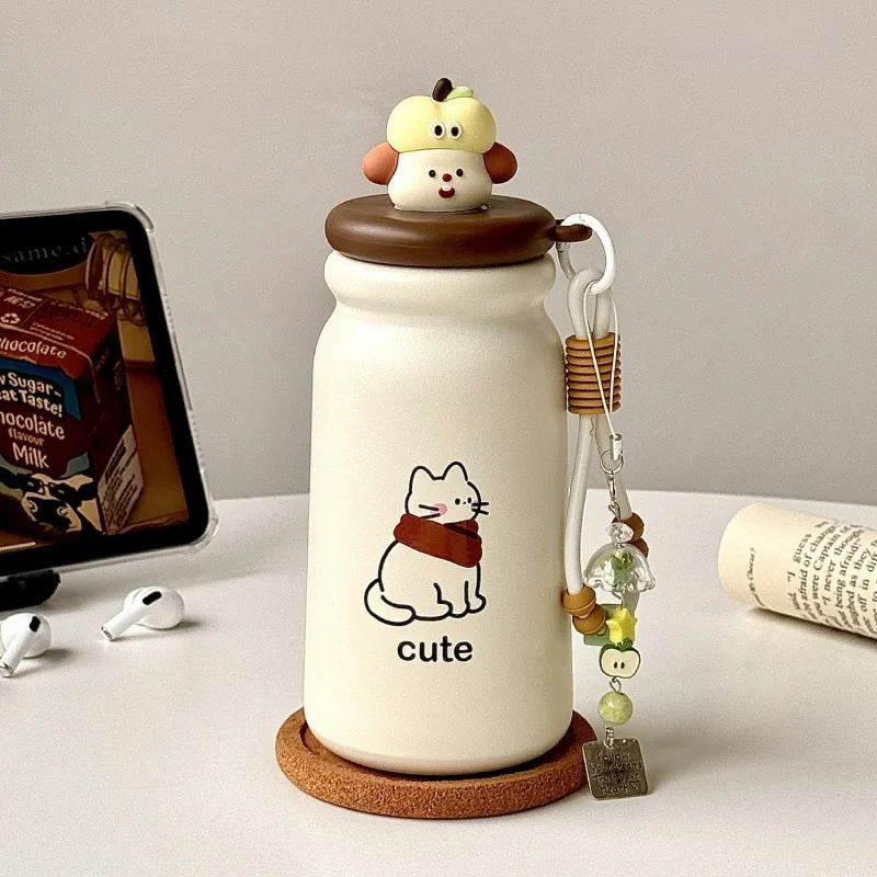かわいい猫タンブラーステンレス鋼熱水ボトルフィルターストロー付きホットアイスコーヒーティーポータブルサーマルカップ 500 ミリリットル