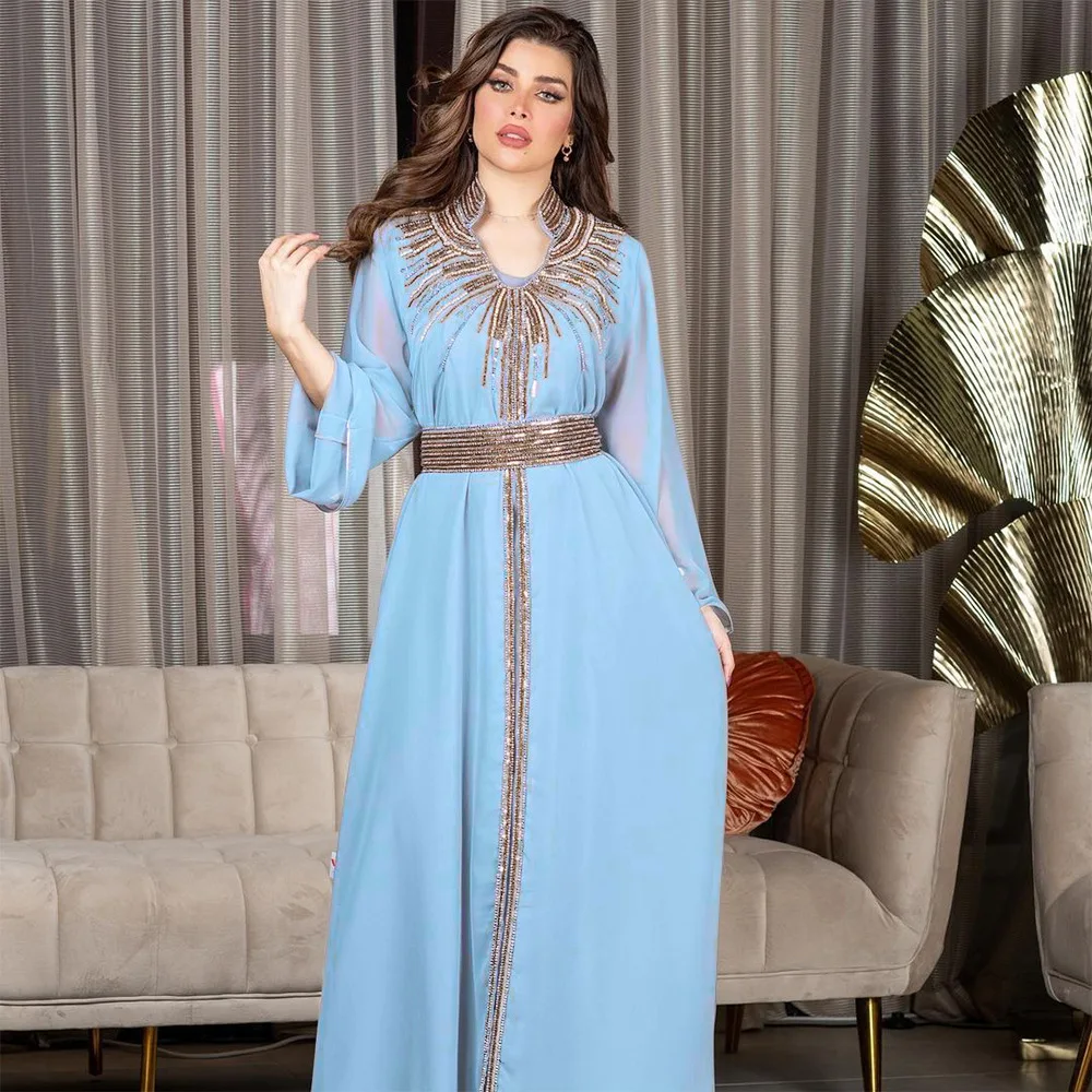モロッコパーティードレス女性イスラム教徒アバヤスタンドカラーファッションドバイ Abayas ダイヤモンドカフタンエレガントなローブ Vestidos トルコガウン