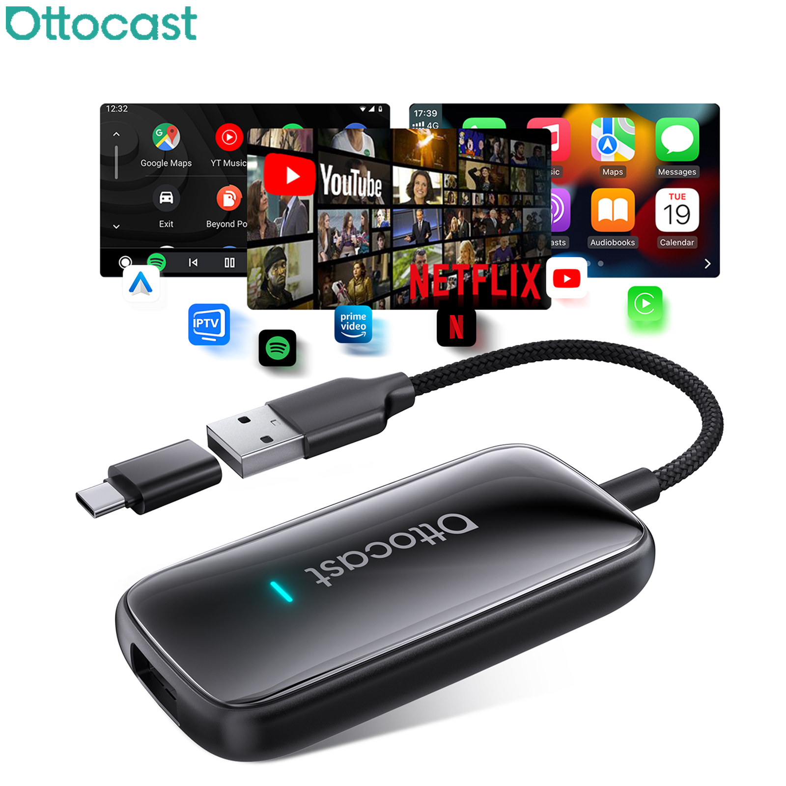 OTTOCAST Play2Video Ultra 3 in 1 Ai ボックス ワイヤレス CarPlay Android 自動アダプター Youtube Netflix IPTV Tiktok 用の内蔵 APP ハブ