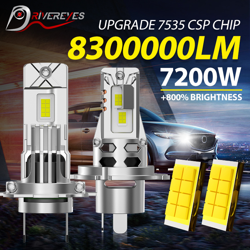 7200W H4 H7 LED CANBUS ライト ミニ ヘッドランプ 1:1 サイズ ワイヤレス H7 車 LED ヘッドライト電球エラーフリー ファン付き 6000K Drivereyes