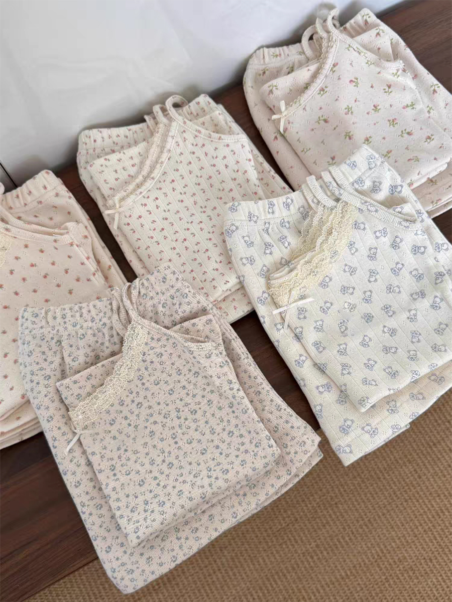 花柄アイレットベストショーツ 2 枚セット女性の夏の弓スリムクロップトップ弾性ショートパンツ甘い綿ホームパジャマセット Y2k
