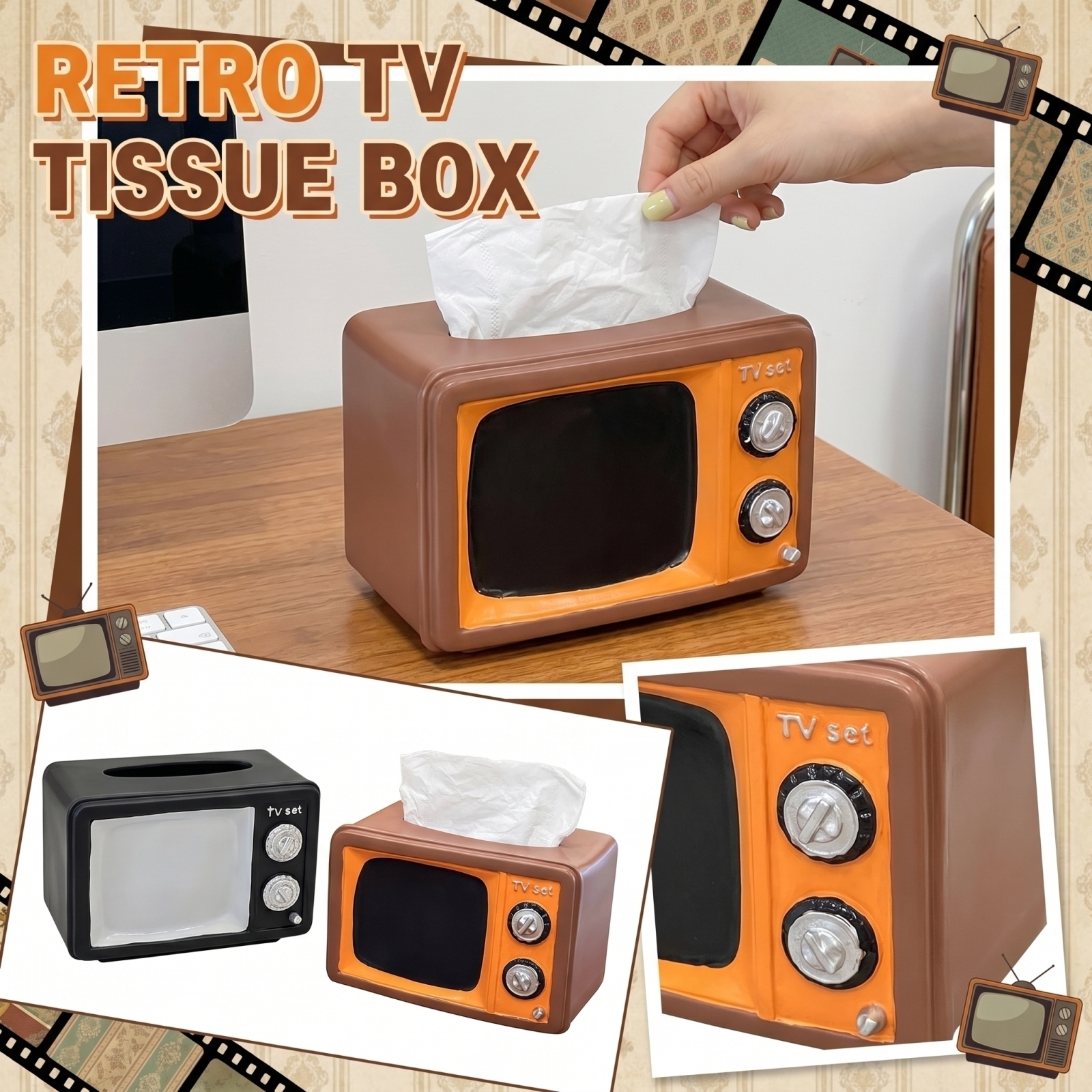 レトロテレビ型ティッシュボックスクリエイティブデスクトップナプキンホルダーヴィンテージテレビデザインティッシュディスペンサー家庭やオフィスの装飾用