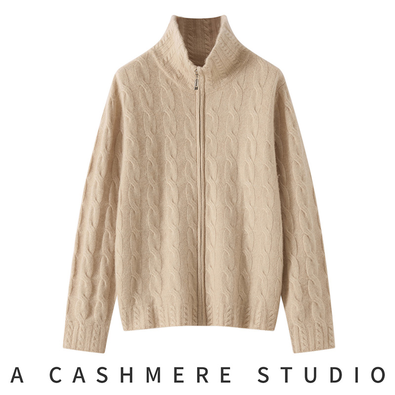 100% ピュアカシミヤジッパーカーディガン女性のラペルツイストニットジャケットファッションルーズ厚みのコート冬ハイネックカシミヤシャツ