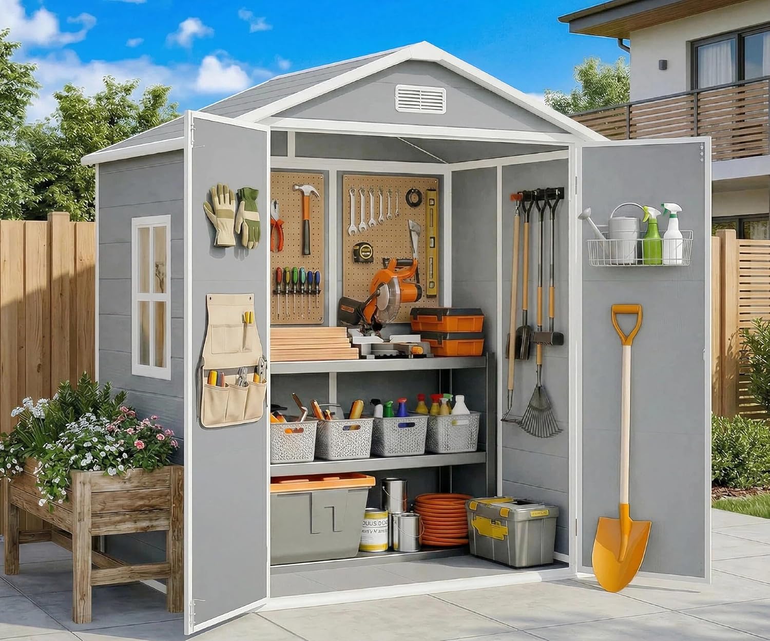 全天候型樹脂製屋外収納小屋 床ロック可能なドア付き 窓ツールオーガナイザー パティオ 芝生 庭 6x4.4フィート グレー、カスタム