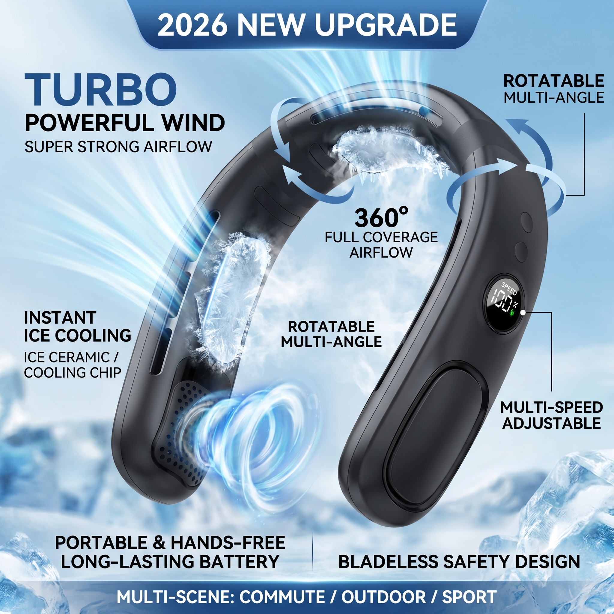 2026 新しいアップグレードポータブルネックファンミニネッククーラーブレードレス吊り首ファン 4000mAh USB 充電式氷冷却ファン LED 付き