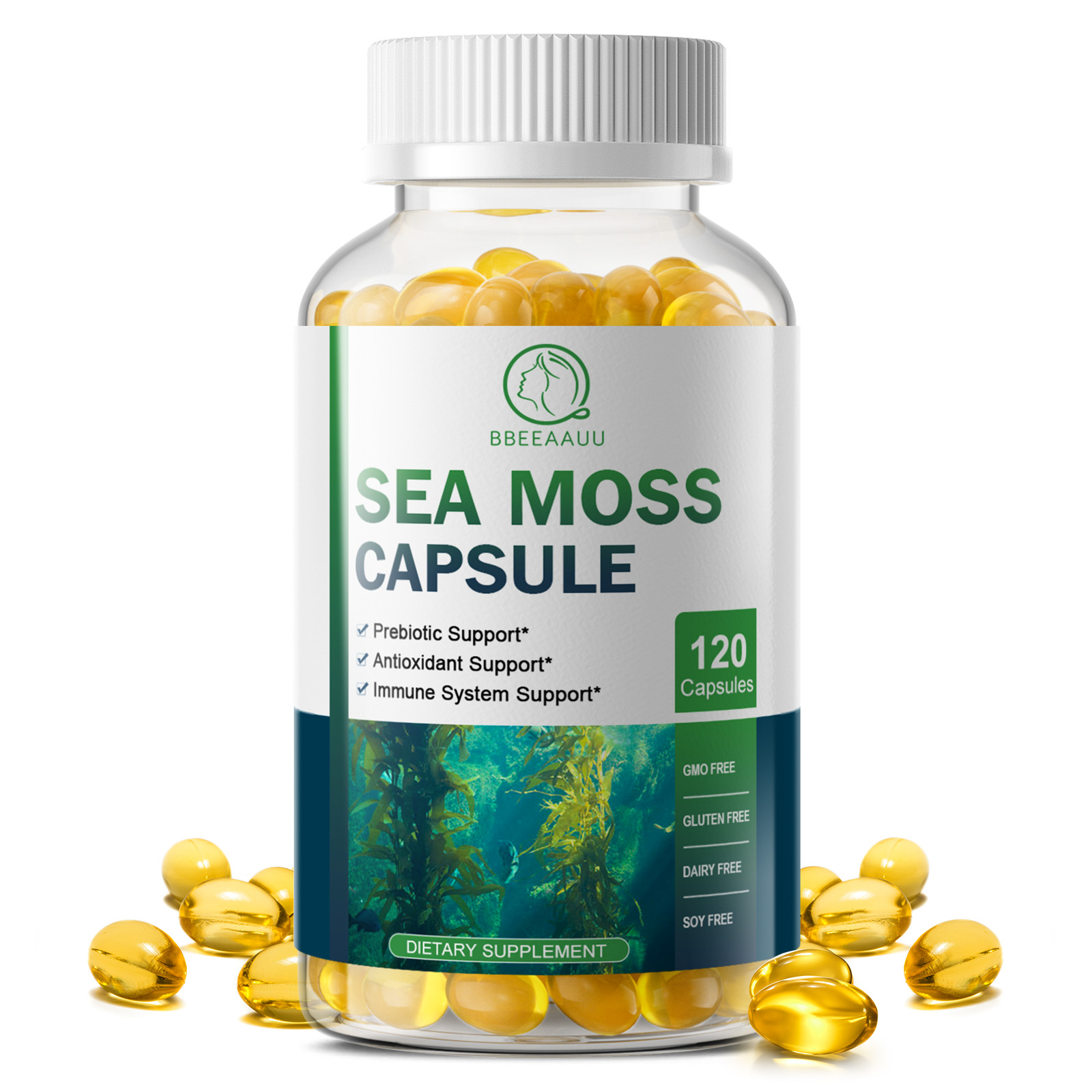 BBEEAAUU Sea Moss カプセルは免疫システムを強化し、健康な甲状腺機能をサポートし、筋肉と関節の健康を解毒し、スキンケアをサポートします