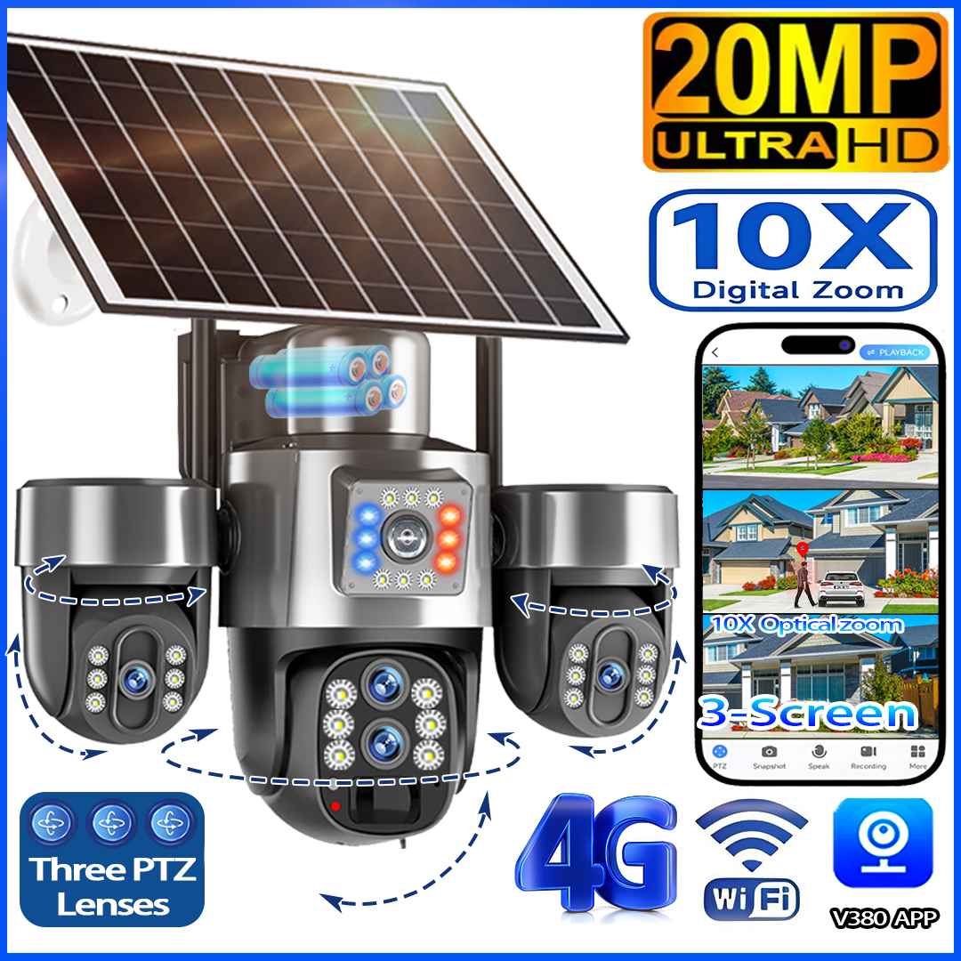 20MP 4G Sim ソーラーカメラ WiFi 10X 光学ズーム 3-PTZ 4 レンズ 3 スクリーン屋外ワイヤレスセキュリティカメラ自動追跡 CCTV V380