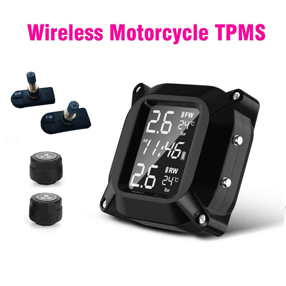 ワイヤレスオートバイ TPMS タイヤ空気圧監視システム 2 個外部センサー LCD 時間表示タイヤ温度モニターアラーム