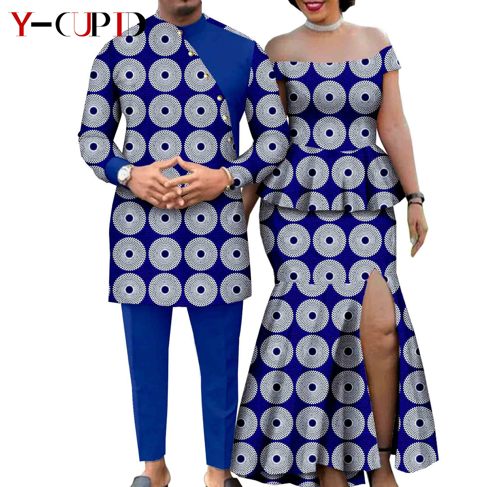 アフリカ男性用スーツ Dashik カフタントップとパンツセットマッチングカップル衣装バザンリッシュ女性 T シャツとスプリットスカートセット Y23C017