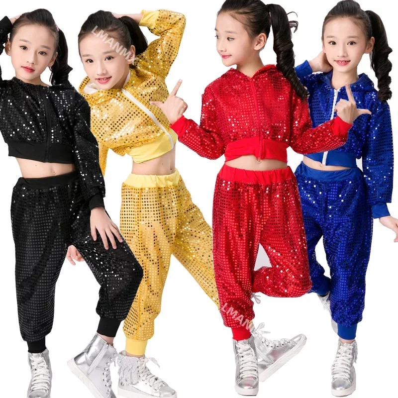 子供スパンコールジャズダンスモダンチアリーディングヒップホップ衣装子供少年少女クロップトップとパンツパフォーマンス衣装服