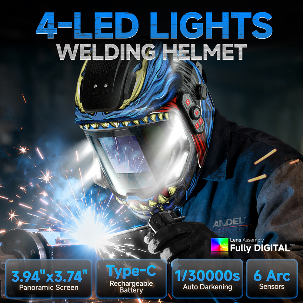 ANDELI 自動遮光溶接ヘルメット 4 LED ライト付き ラージビュー トゥルーカラー 6 センサー溶接マスク Type-C 充電