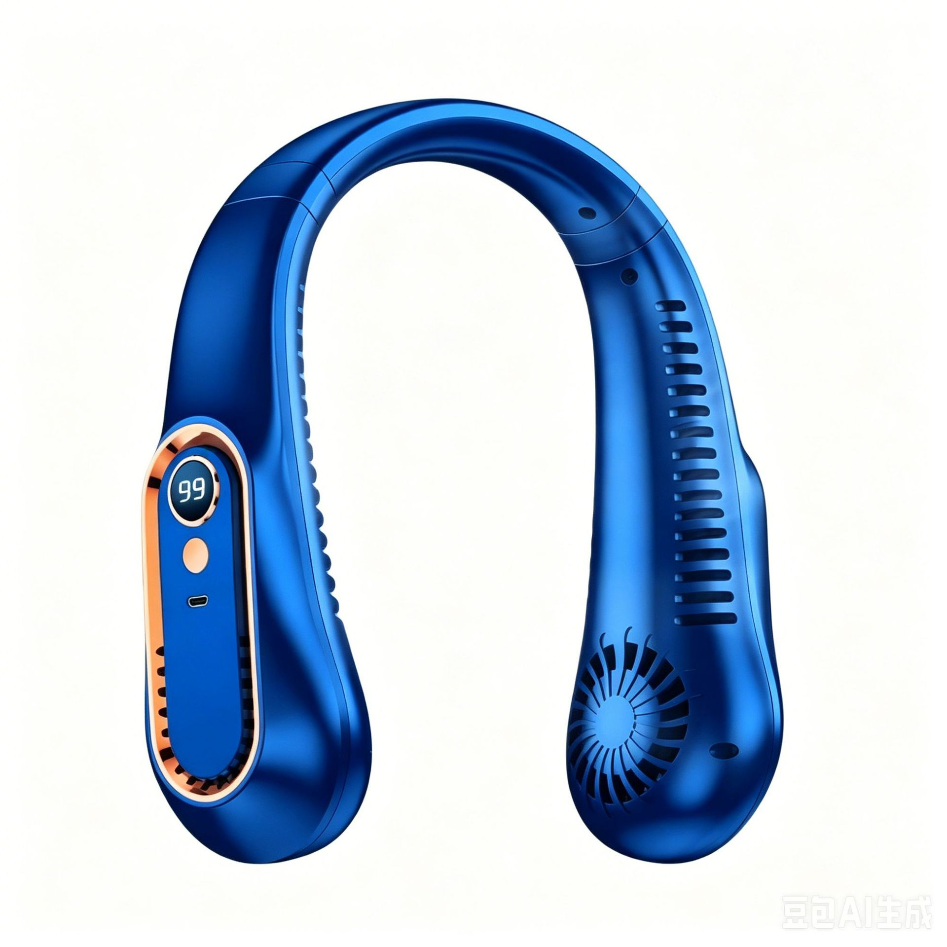 ブルーの羽根なし吊り下げ式ネックファン、ポータブルUSB充電式クーラーファン、風速5段階調節とデジタルディスプレイ付き、夏のアウトドアに最適