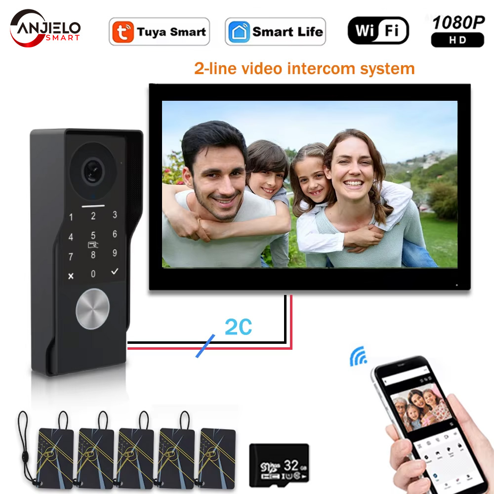 ANZIELO 2 線式金属ドアベルビデオ TUYA IC カード PIN ロック解除 24 IP カメラサポート家庭用スマートビデオインターホンシステム 1080P