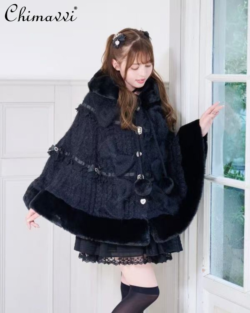 日本リズ甘いちょう結びポンポンケープコート秋と冬の新スーパー妖精かわいい女の子女性ルーズロリータマントポンチョ