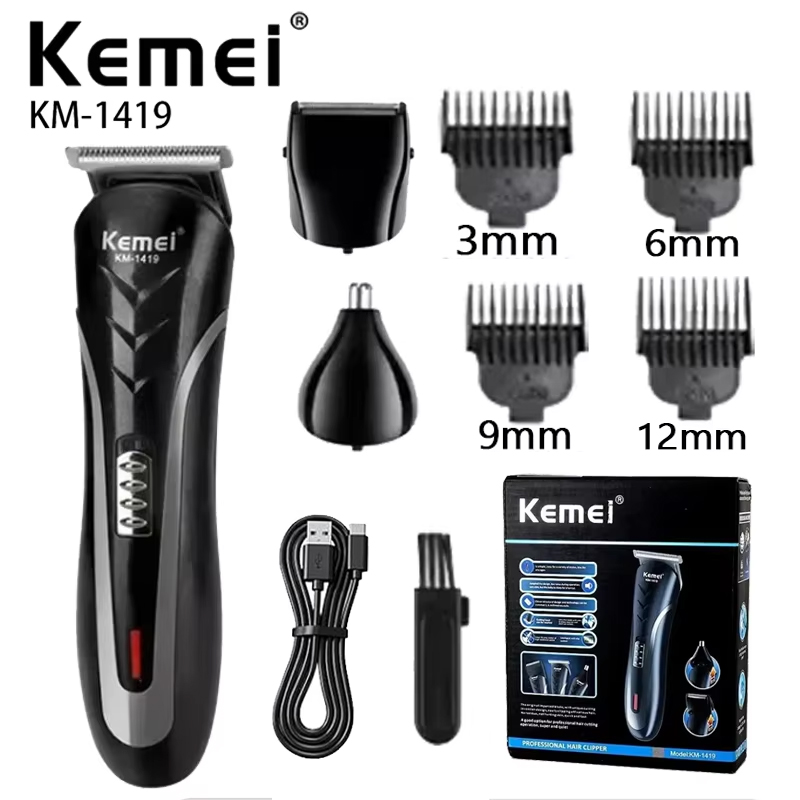 Kemei KM-1419 充電式電気バリカンメンズ家庭用シェーバーヘアトリマーと鼻トリマー 3 で 1 バリカン男性
