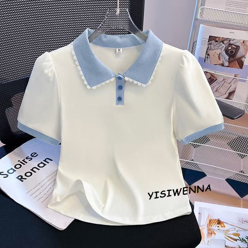 夏の大きいサイズの婦人服の新しい古典的なコントラストカラーのスポーツガールスタイルのルーズレース襟半袖Tシャツ