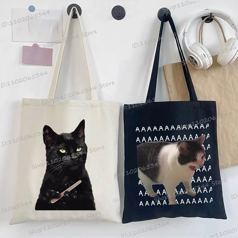 女性のハンドバッグミーム猫おかしいキャンバスショッピングバッグ漫画動物ショルダーバッグ折りたたみ再利用可能なトートバッグ女性男性のための