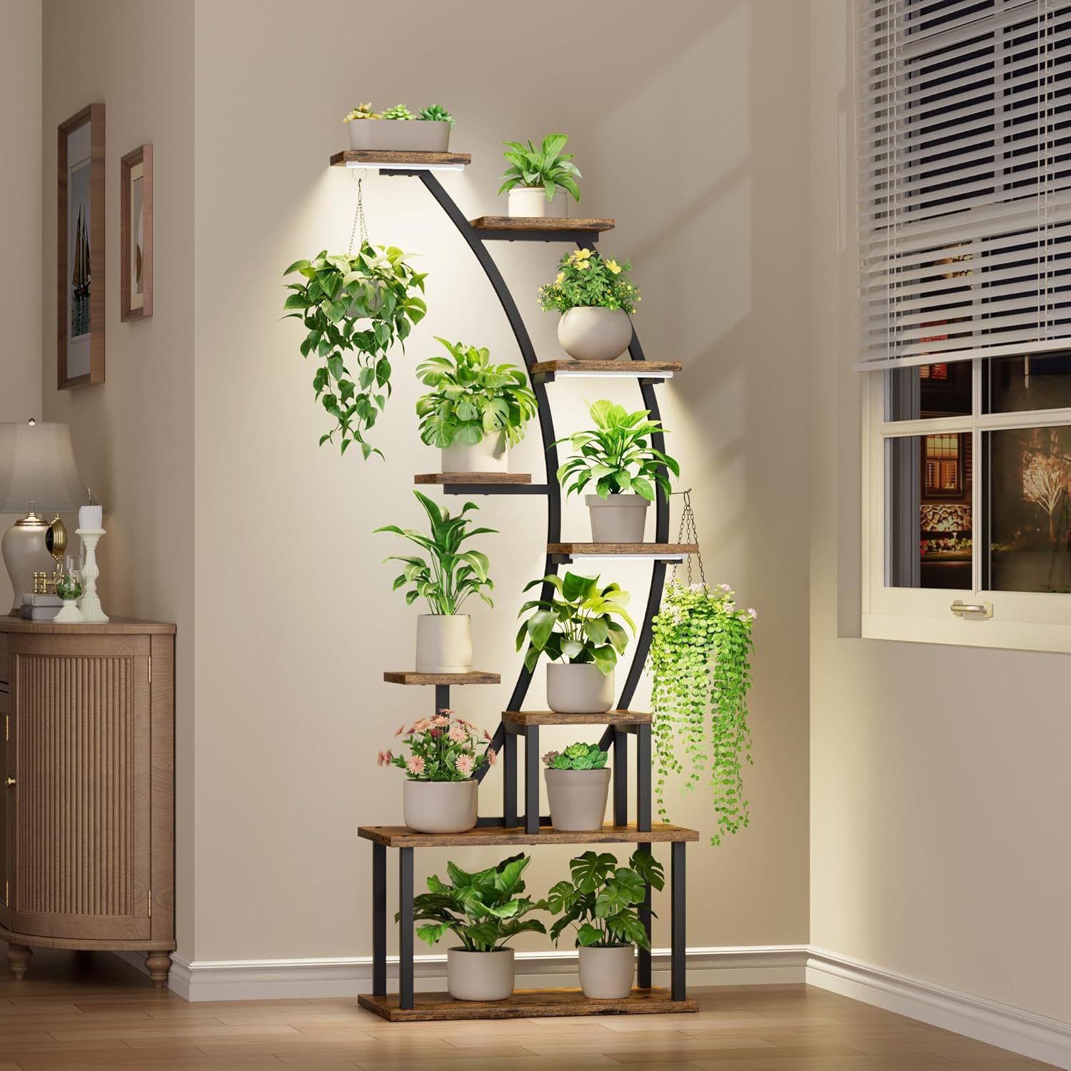 63インチ 9段植物スタンド 成長ライト付き 屋内植物用背の高いコーナーシェルフ 室内装飾用フラワーディスプレイラック