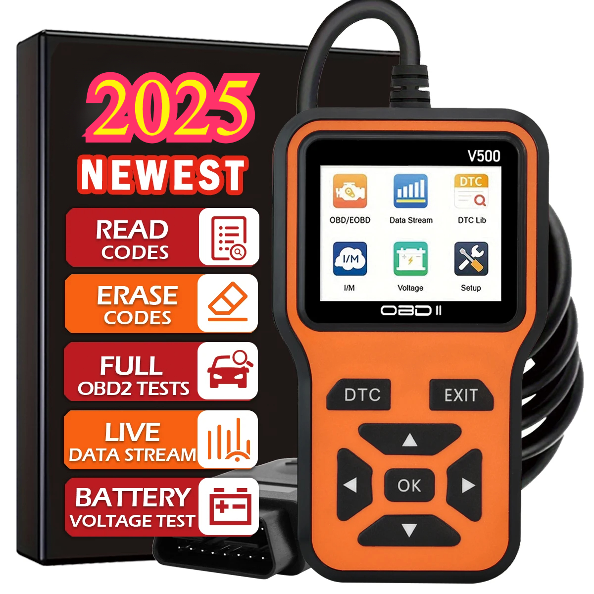 車OBD2スキャナー診断ツールコードリーダー、車電圧テスターエンジン故障コードスキャナー、充電テスター診断ツールV500