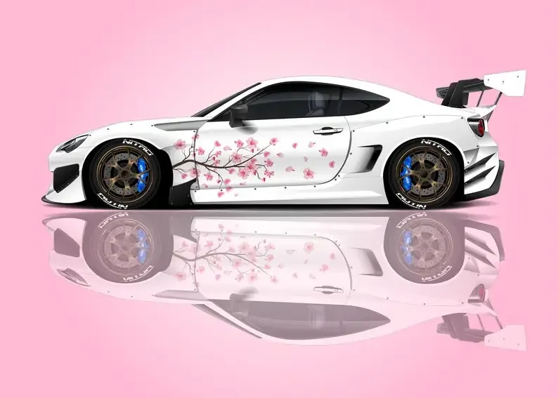 桜のカラーリング、日本テーマのサイドカービニールラップ、ユニバーサルサイズ、大型車両グラフィックス
