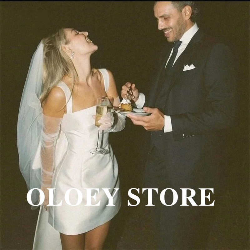 OLOEY シンプルなミニショートウェディングドレスワイドストラップカントリー花嫁ドレス非公式米国女性のブライダルドレスカスタムベール手袋