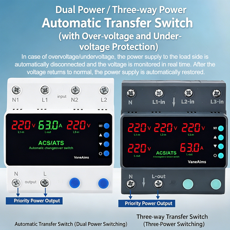 デジタル調整可能な ATS 63A 100A 220V 自動転送スイッチオーバーアンダー電圧電流プロテクター DIN レールマウントリレー