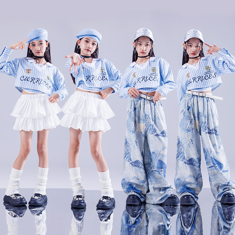 ヒップホップセットガールズ K-POP ストライプブルークロップトップストリートダンスカーゴパンツティアードスカート子供用ストリート子供ジャズ衣装