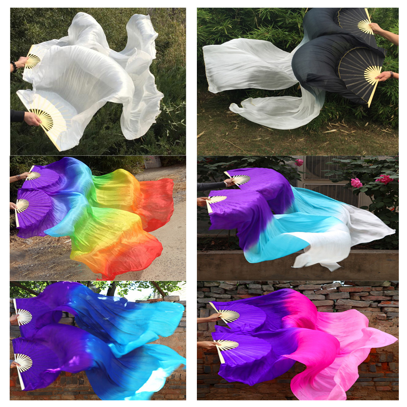 100% リアルシルクファンベールベリーダンス竹リブ折りたたみロングシルクファン 1.8 メートル/2.1 メートル中国手作り染めファングラデーションカラー