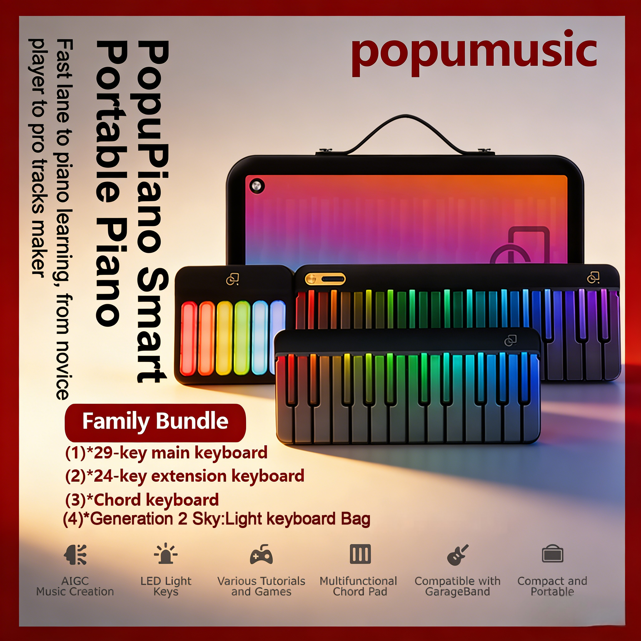 PopuMusic 59 鍵盤スマートピアノ | 29 キーメインコード 24 拡張キーボード、256 トーン MIDI LED ポータブル初心者ギフト