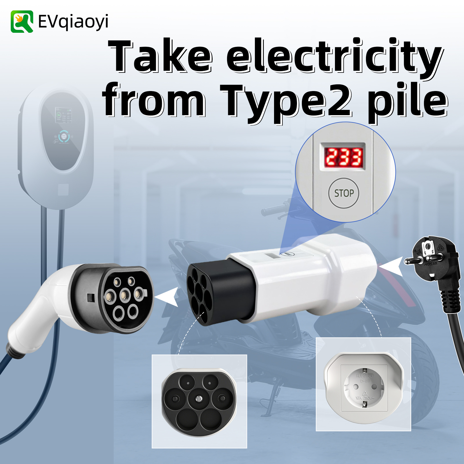 EVqiaoyi Type2 - Schuko ソケット EV アダプター Type2 - 220V コンバーター オス放電プラグ IEC 62196-2 充電ステーション用