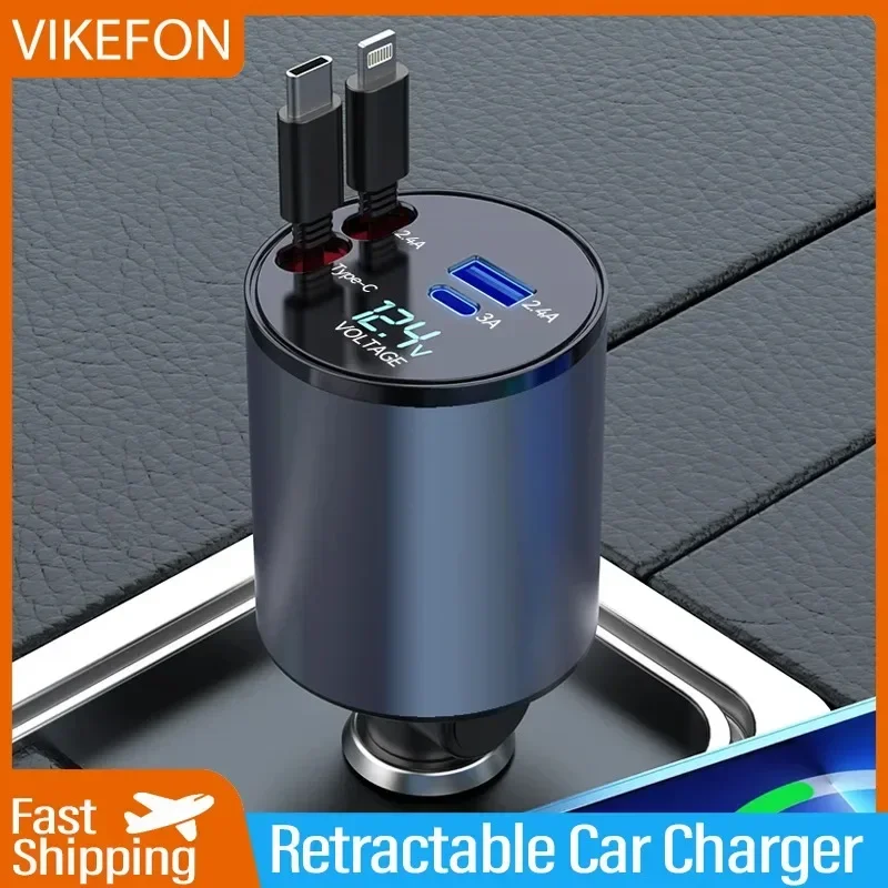 VIKEFON 4 in 1 120W 車の充電器 格納式 デュアル格納式ケーブル付き デュアル USB ポート 車の充電器 iPhone 15 14 13 Pro Max用