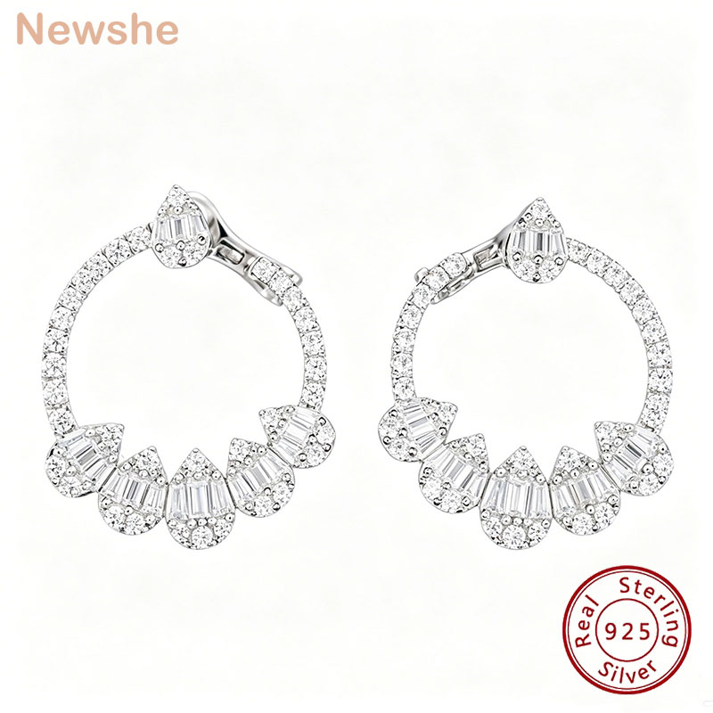 Newshe ソリッド 925 スターリングシルバーフープイヤリング女性のためのウォータードロップ AAAAA 立方ジルコンデザイナー高級ジュエリー